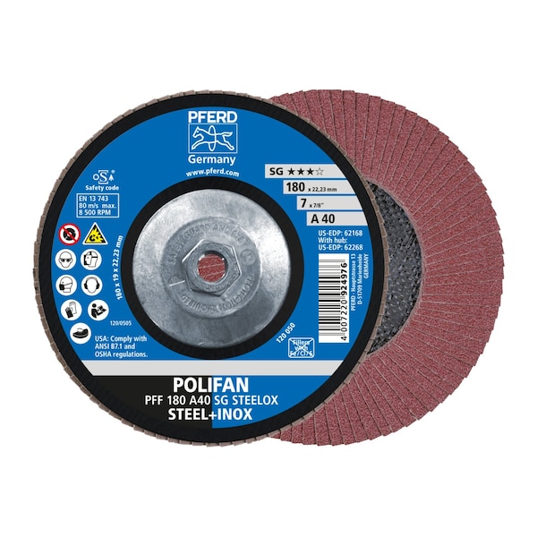 Pferd 7" x 5/8-11 Thd. POLIFAN Flap Disc - A SG STEELOX, Aluminum oxide, 40 Grit, Conical 62268 - main